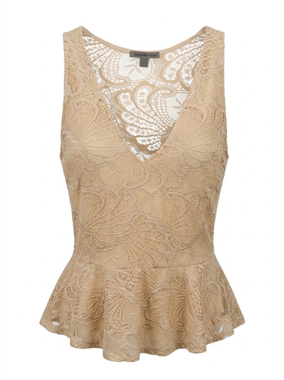 Charlotte Russe Tan Lace Peplum V-Neck Camisole